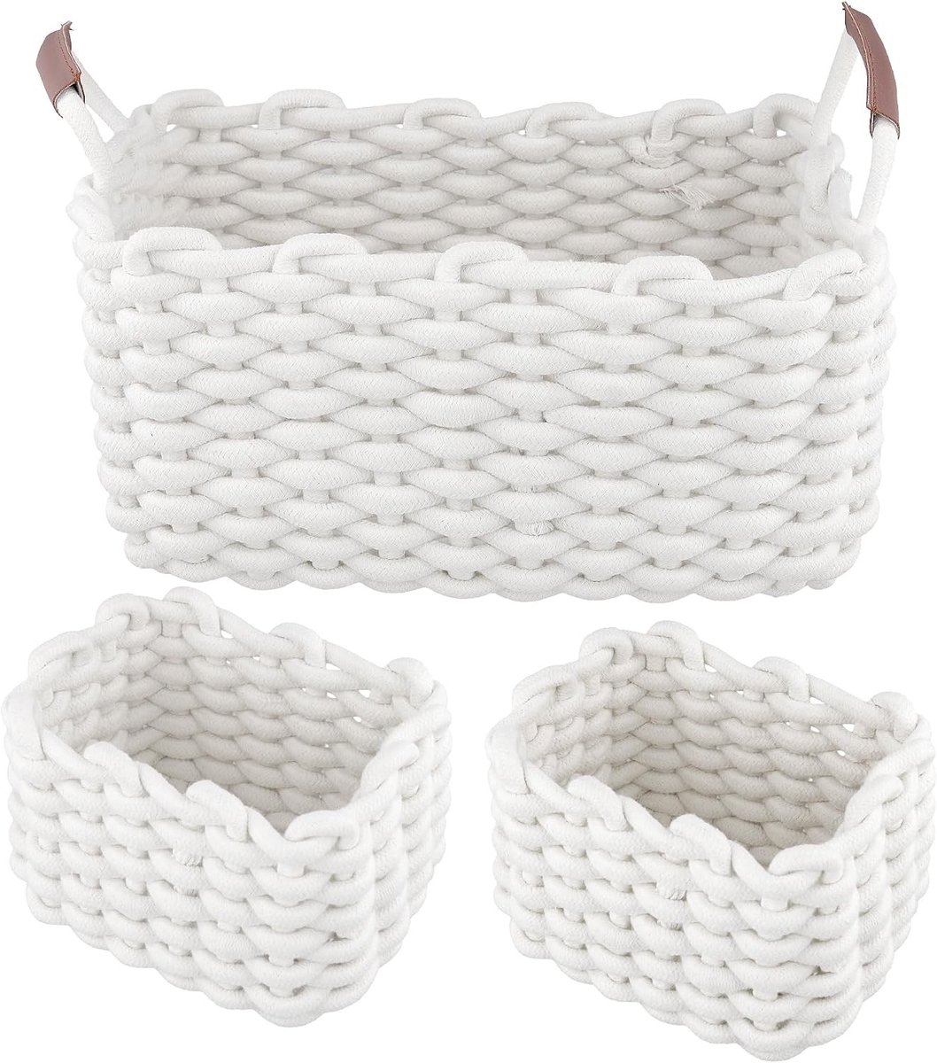 Gevlochten opbergmanden in katoen - Set van 3, perfect voor badkamer, slaapkamer en woonkamer, 2 maten beschikbaar, stijlvolle opberging en decoratie