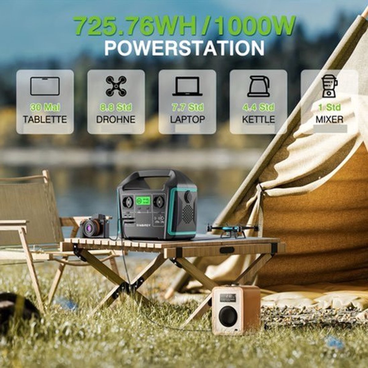 Zonnegenerator – Draagbare Stroomgenerator – Powerstation – Noodstroomvoorziening – Powerbank – 725,76 Wh Capaciteit – 1000 W Pure Sinus AC-uitgang