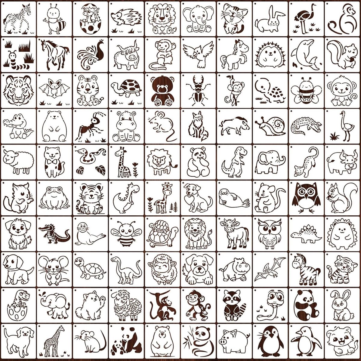 Sjablonen voor het schilderen van dieren - 100 stuks herbruikbare stencils 7 x 7,5 cm voor knutselen, DIY projecten, woondecoratie en kaarten maken