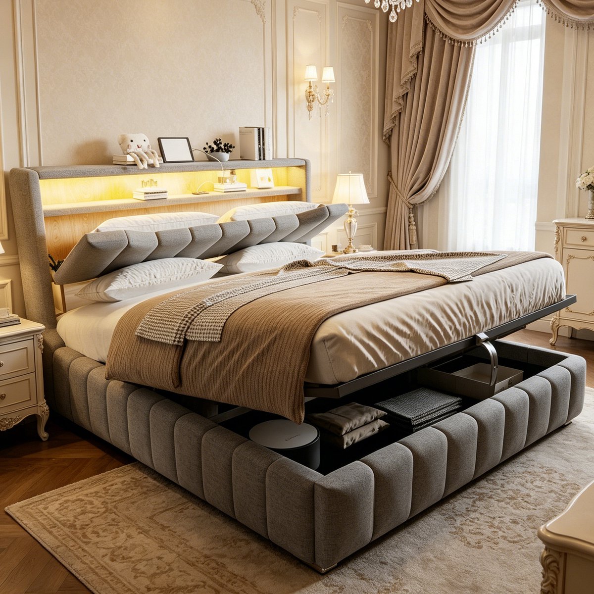 Gestoffeerd Bed 180x200cm Zonder Matras - Hydraulisch Opbergbed Met LED En USB-C Oplaadpunten - Tweepersoons - Grijs