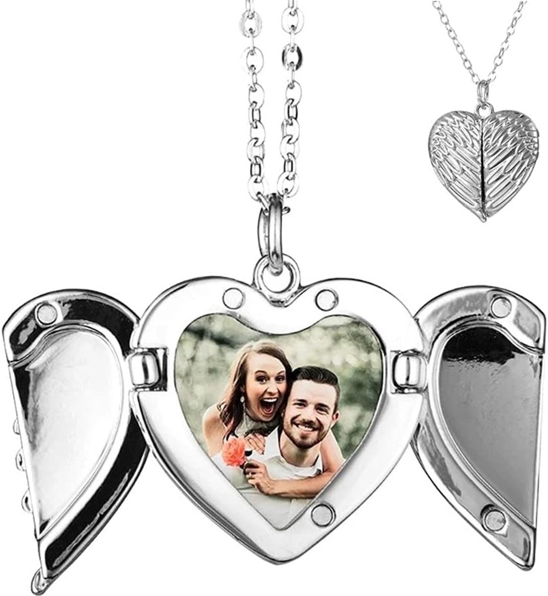 Persoonlijke Medaillon Ketting met Hart en Engelenvleugels - Gepersonaliseerd Foto Pendant Cadeau voor Vrouwen, Meisjes, Moeders en Vriendinnen