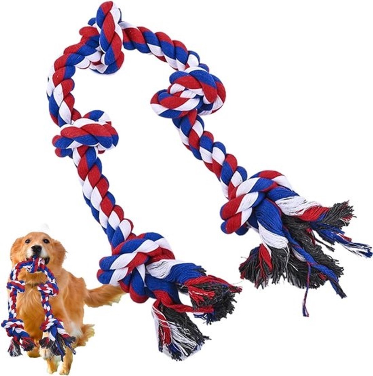 Hondenspeelgoed - Touw - Kauwspeelgoed voor puppy's - Interactief spelen - Duurzaam katoen - 28 cm lang - Rood, wit en blauw