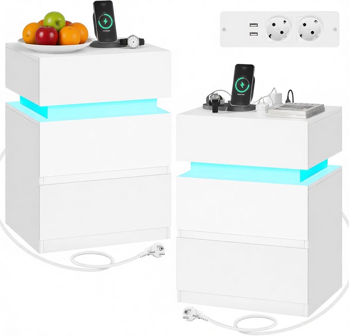 Ropilly Set van 2 Nachtkastjes met LED Verlichting - Nachtkastje met Oplaadstation en USB - 2 Lades en Klepvak - Wit Houten Bijzettafel voor Slaapkamer