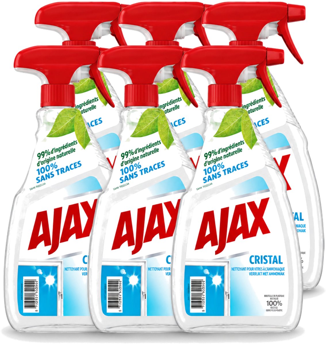 6 x Ajax - Ruitenreiniger - Cristal - Spray Met Ammoniak - 750 ml - Voordeelverpakking - 6 stuks