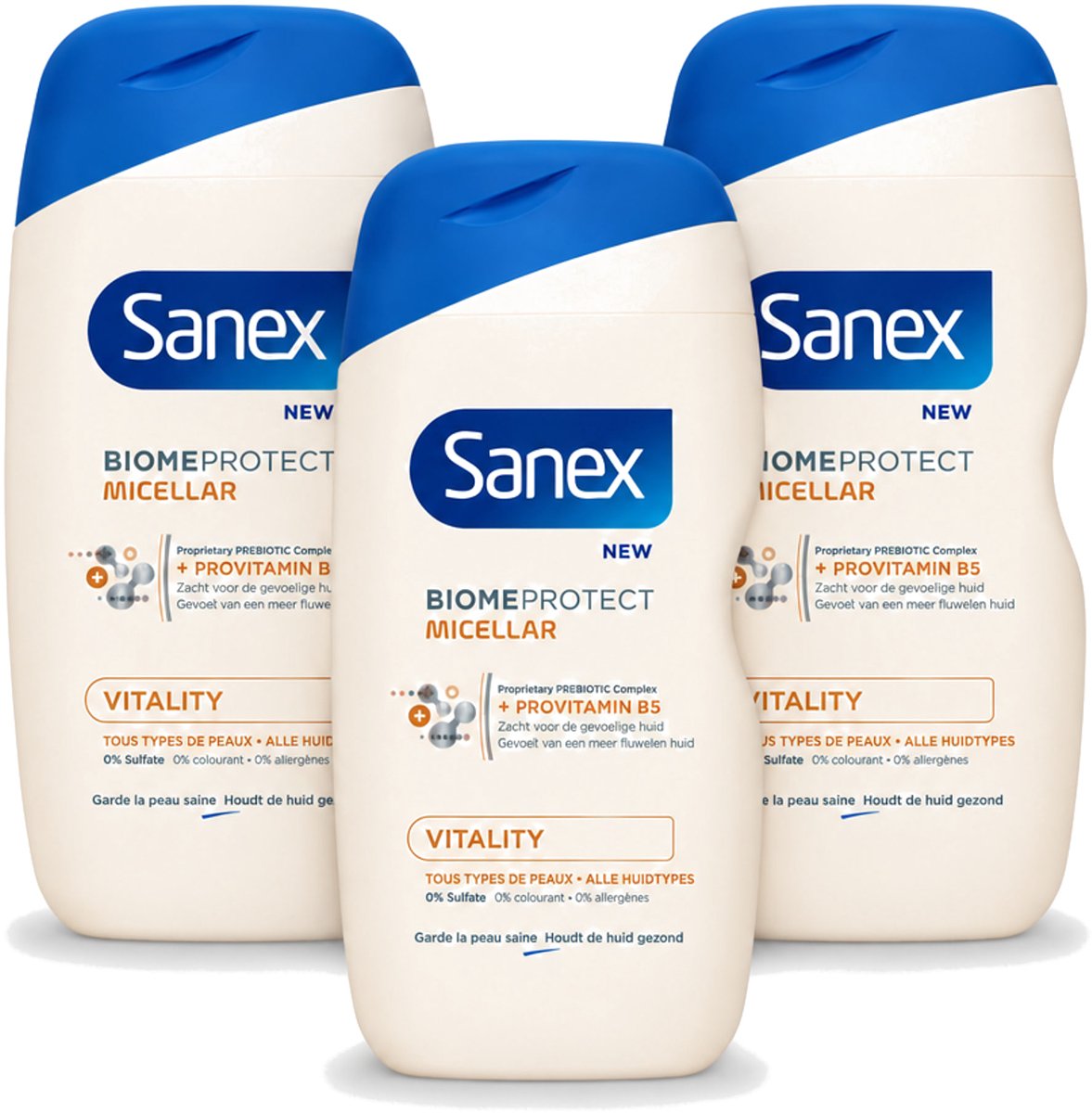 3 x Sanex - BiomeProtect Micellair - Douchegel - Vitaliteit - 0% Sulfaat - Alle Huidtypes - 400 ml - Voordeelverpakking - 3 stuks
