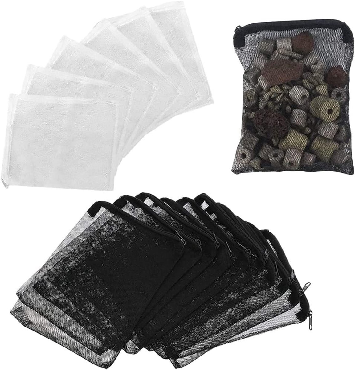 Herbruikbare Filtersokken - Mesh Filterzakken - Aquarium Waterzuivering - 20 Stuks Set - 18 x 25 cm - Wit Zwart