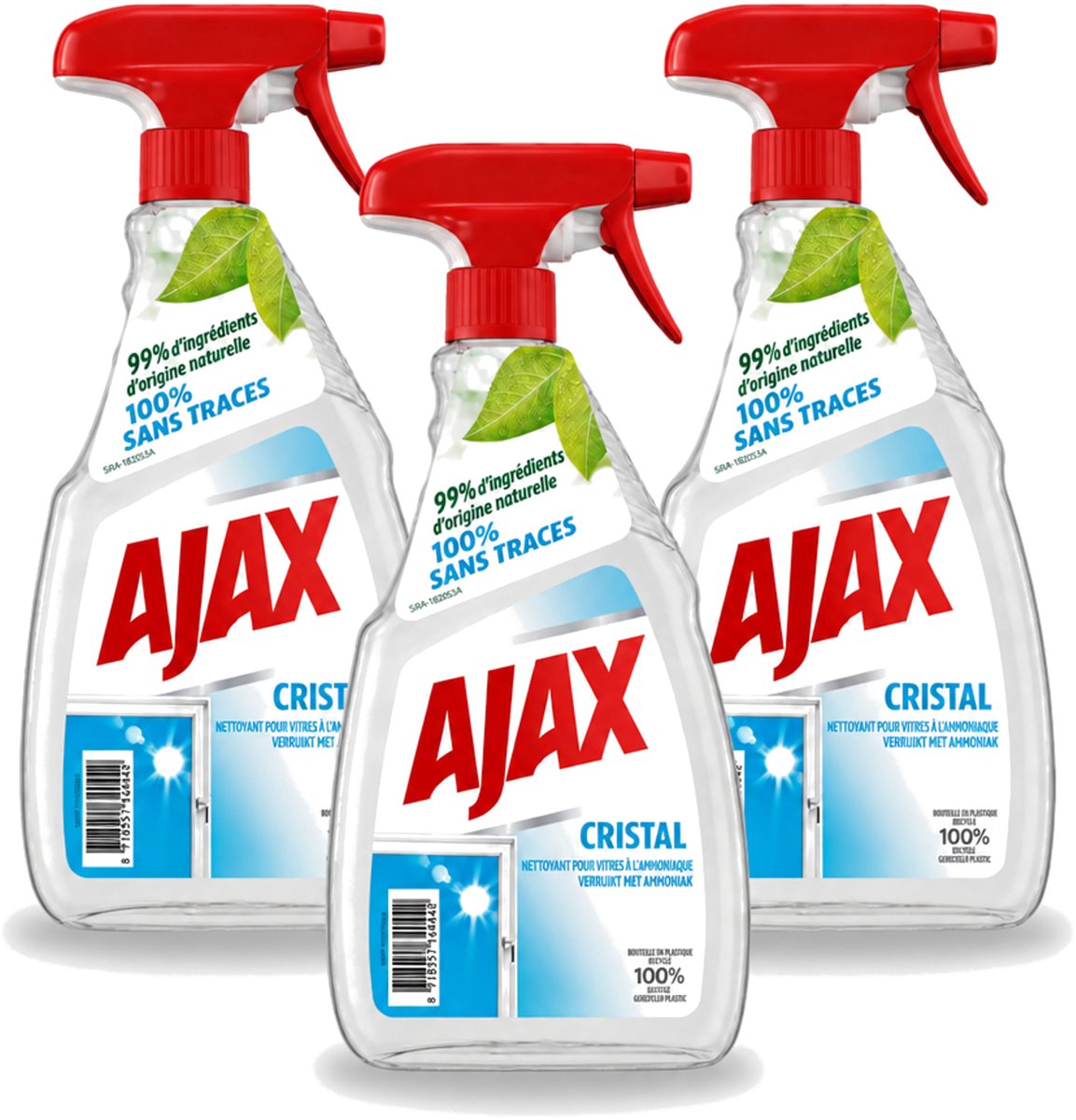 3 x Ajax - Ruitenreiniger - Cristal - Spray Met Ammoniak - 750 ml - Bulkverpakking - 3 stuks