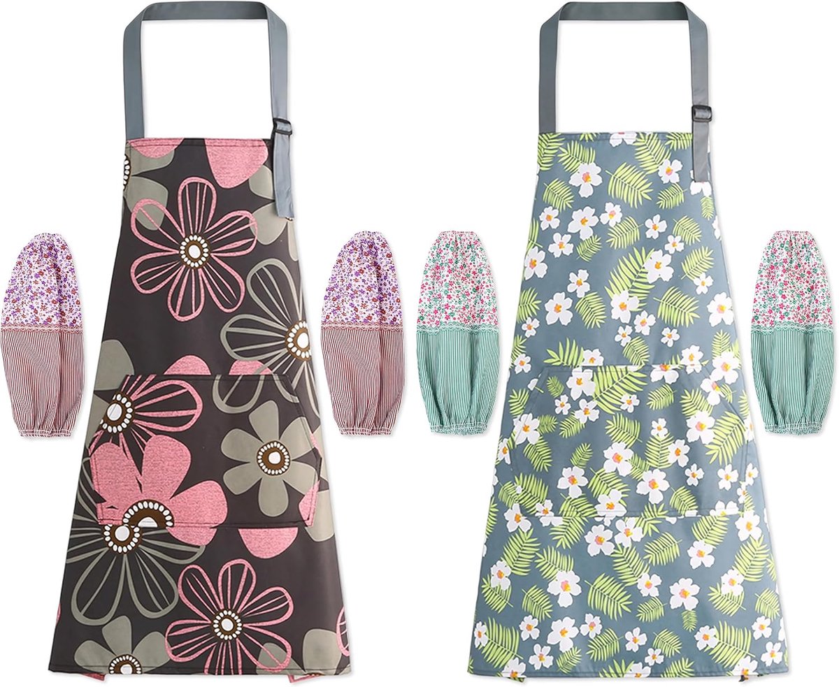 Set van 6 Stuks Kookschort voor Dames, Veelkleurig Bloemen Schort met Verstelbare Banden en Armmouwen, Polyester - ShopVlot