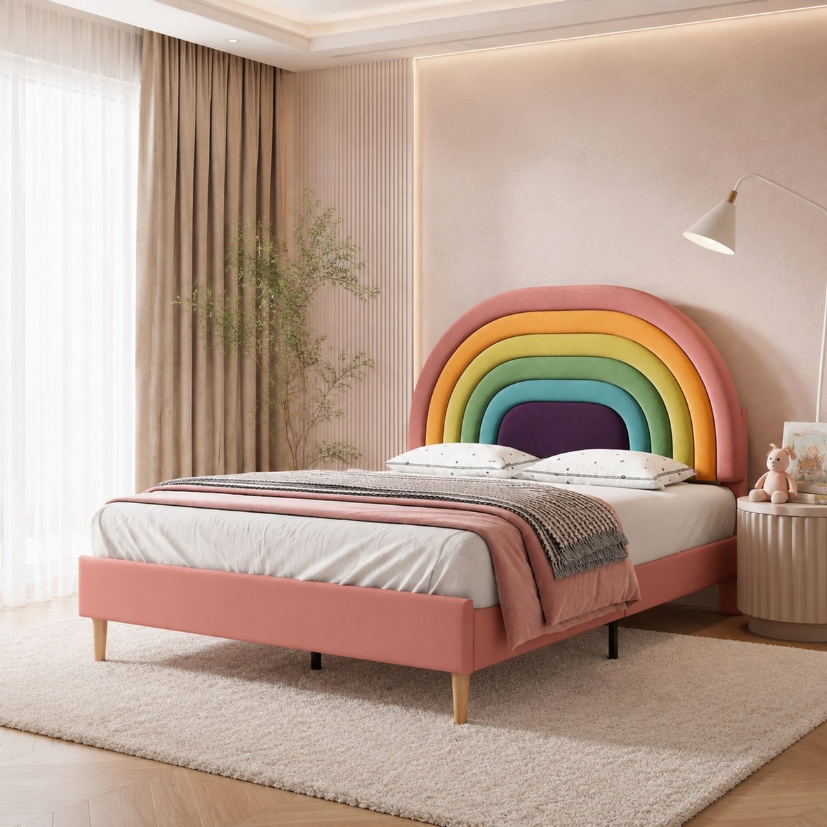 WUVRIE Gestoffeerd bed 140x200 cm met verstelbaar regenbooghoofdbord en lattenbodem, roze