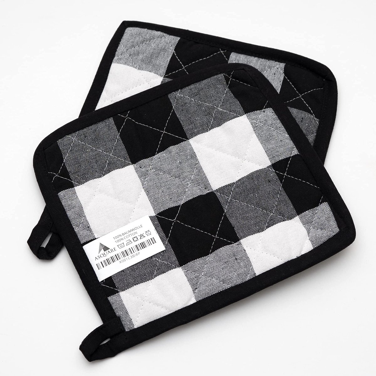 Set van 2 praktische pannenlappen, geruit, ecologische pannenlappen van 100% katoen, kooklappen in zwart en wit, 20 x - ShopVlot