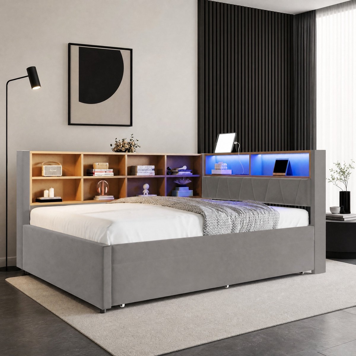 WUVRIE Slaapbank 140x200 cm met uitschuifbed 90x190 cm, LED, laadpoorten en opbergruimte, donkergrijs