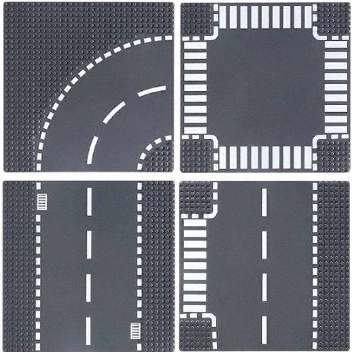BricksNBlocks® City wegenplaten set 4 stuks, ook geschikt voor LEGO city - recht bocht - T-splitsing - kruising - afmetingen 25,5 x 25,5 cm - wegplaat formaat 32x32 nopjes voor bouwblokjes autos