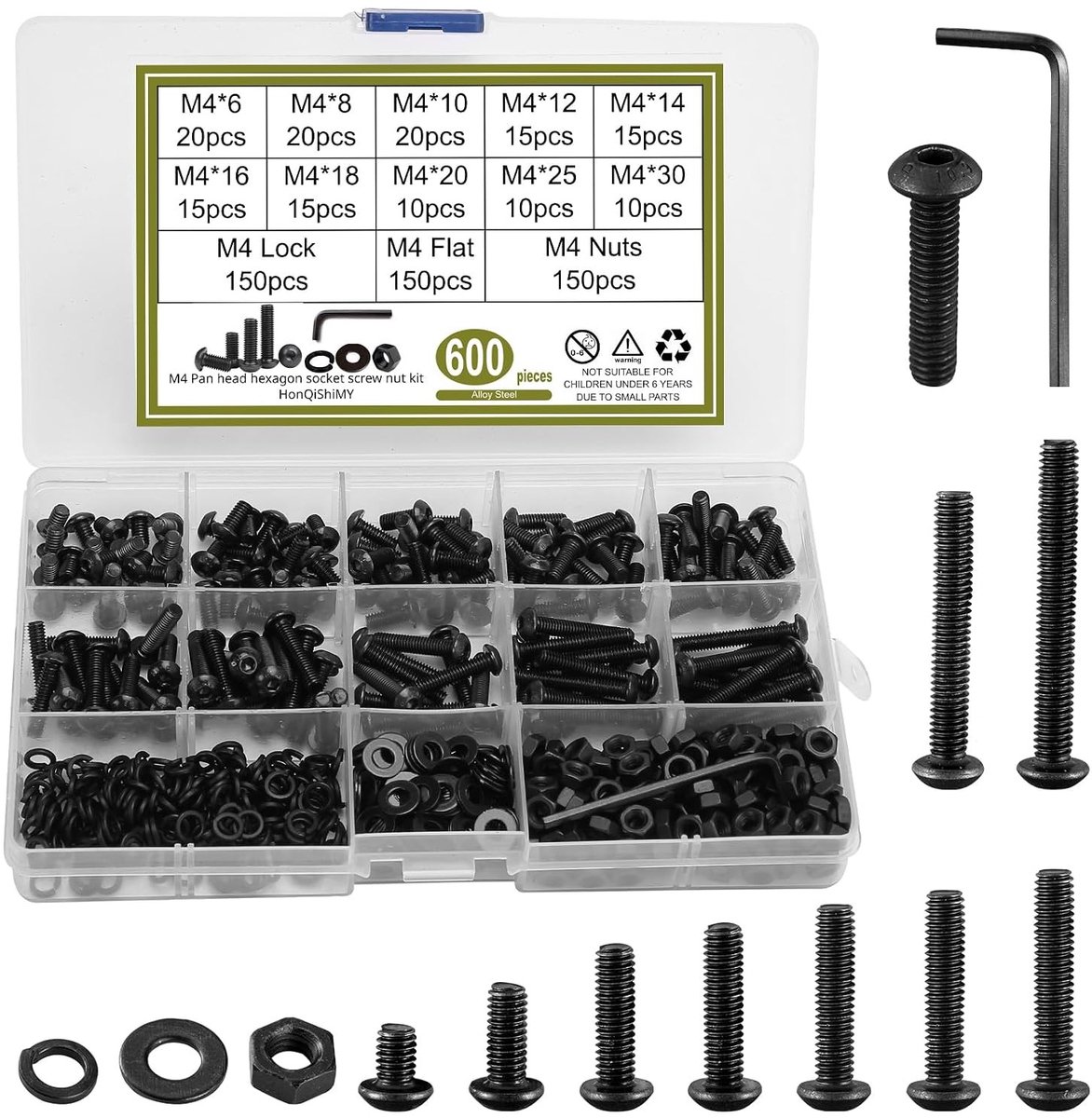 Complete 600-delige M4 Schroeven Set met Inbussleutels, Moeren, Ringen en Gereedschap voor Meubels, Fietsen en Houtbewerking