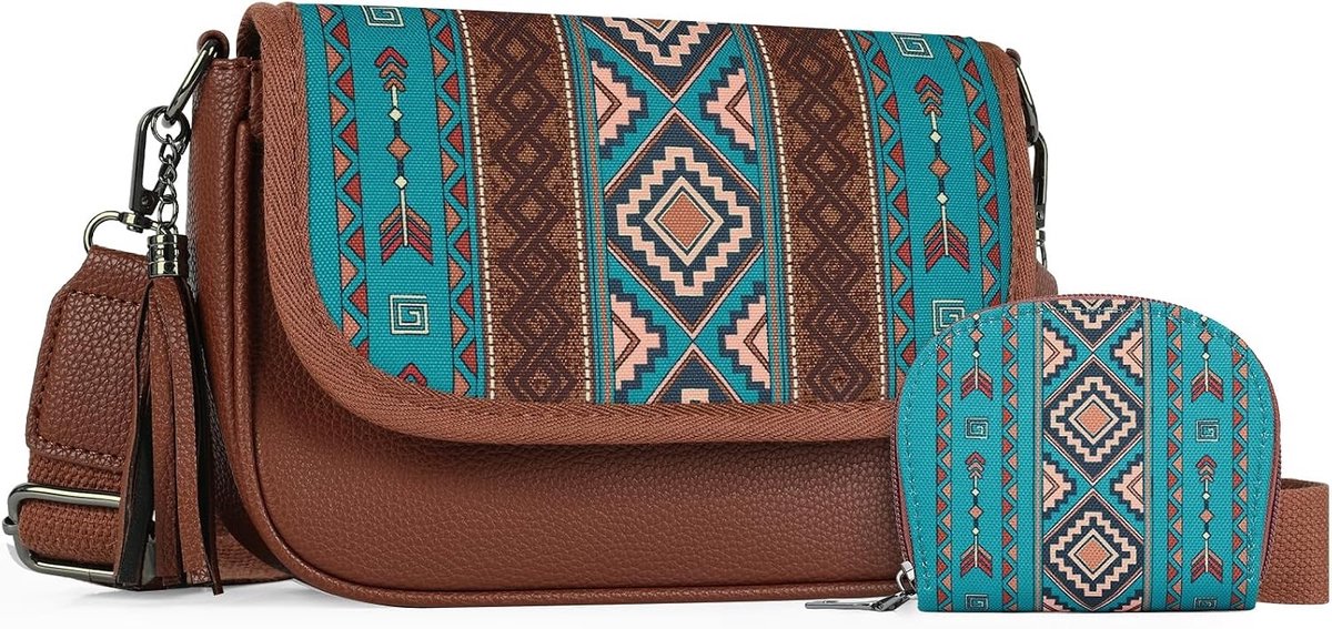 Stijlvolle Boho Crossbody Tas voor Vrouwen, Set van 2 Aztec Portemonnees voor Dagelijks Gebruik