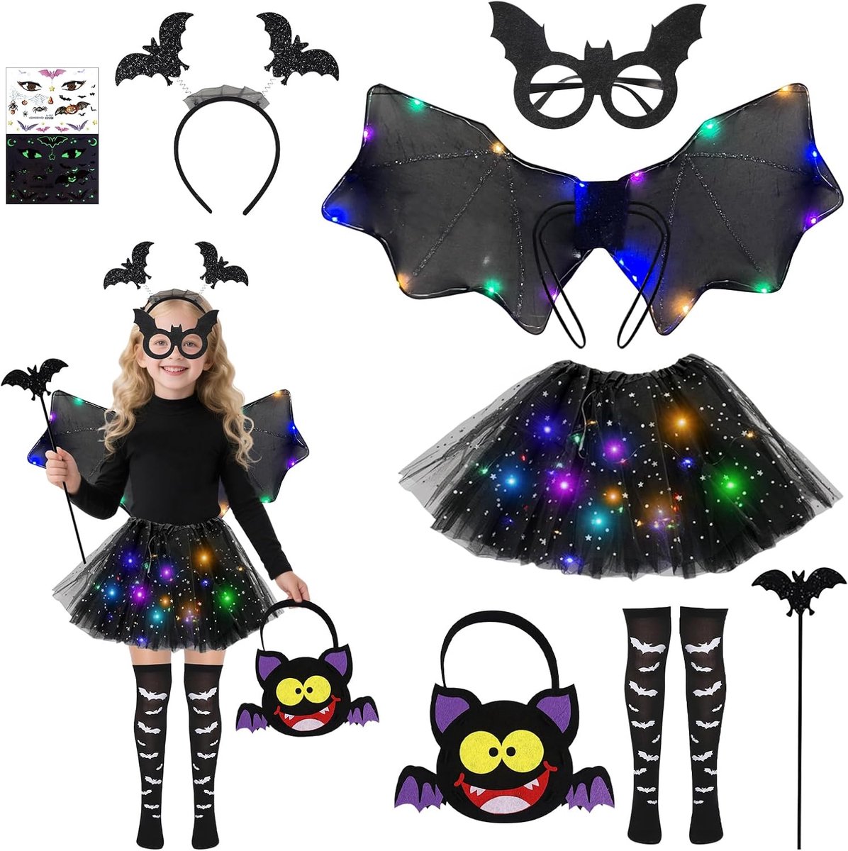 UOY Bat Costume Girls Halloween Costume Girls Bat Wings Bat Wings and Bat Dress Halloween Costume Kids Girls Cosplay - ShopVlot