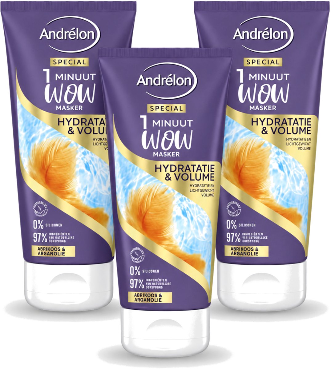 3 x Andrélon - WOW - 1 Minuut Masker - Hydratatie & Volume - 180 ml - Voordeelverpakking - 3 stuks