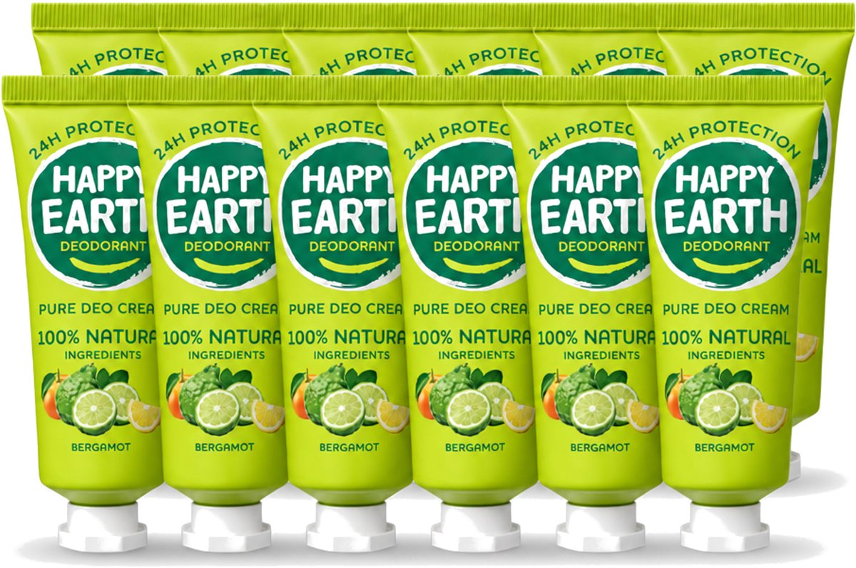 12 x Happy Earth – Deodorant Cream – 100% Natuurlijk Bergamot – 40 ml - Voordeelverpakking - 12 stuks