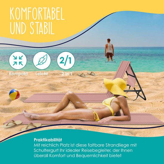 KESSER® Strandmat opvouwbaar - Verstelbare rugleuning en draagriem - Tot 130 kg - 1 stuk - Roze — afbeelding 5