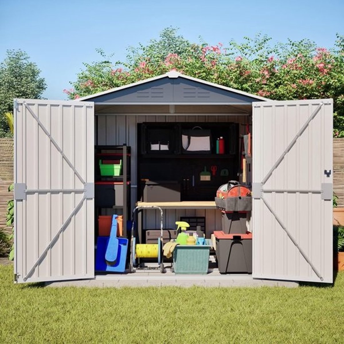 Metalen tuinhuis - Opbergunit voor buiten - Opslag voor tuinspullen - Metalen fundering - inclusief - 185x142x185 cm - Grijs