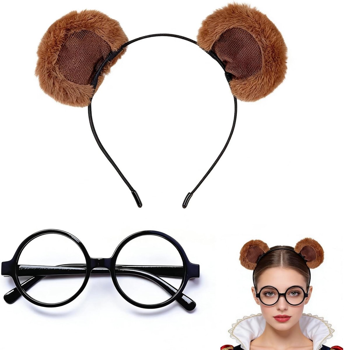 Pluche Bruine Oren Haarband met Zwarte Bril – Perfect voor Cosplay, Carnaval, Halloween en Feestjes