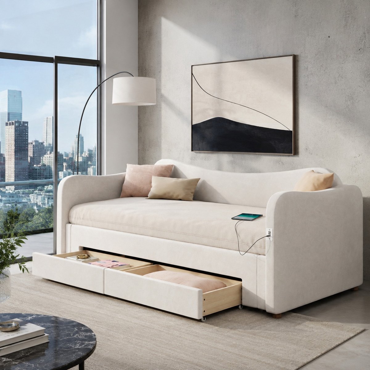 WUVRIE Uitklapbare slaapbank 90x200 cm met 2 lades, USB en USB-C, beige fluweel
