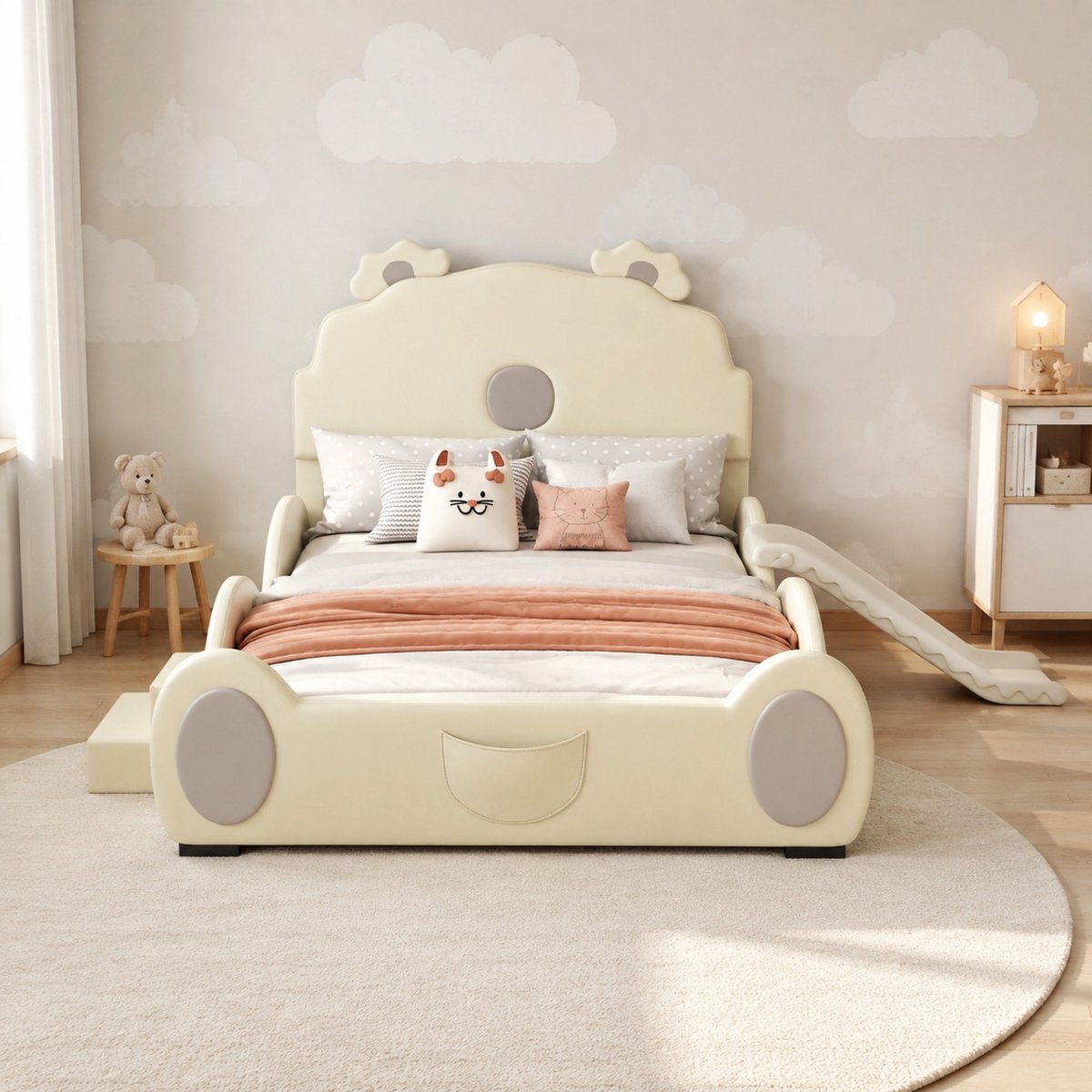 WUVRIE Kinderbed 140x200 cm met glijbaan en ladder, cartoonberenbed van kunstleer en MDF, beige