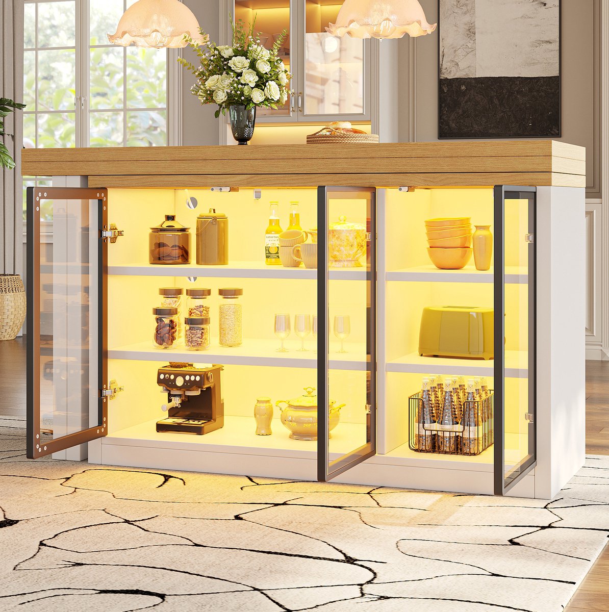 DESMIU Eettafel – 120-197 cm Uitschuifbaar en Draaibaar – MDF en Glas – Wit – Met Opbergkast en Gekleurde Verlichting