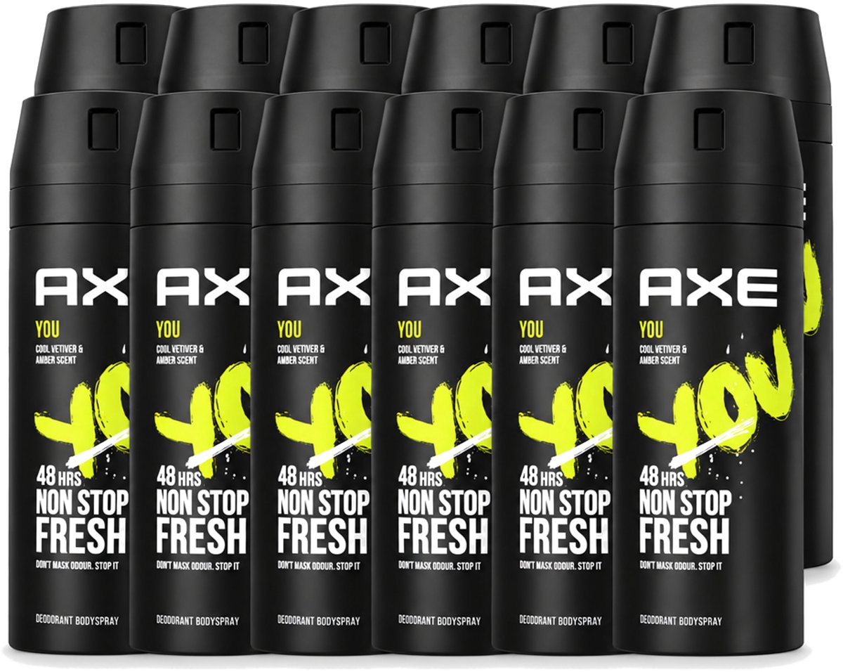 12 x Axe - Deodorant Bodyspray - 48hrs Fresh - You - Cool Vetiver & Amber - 150 ml - Voordeelverpakking - 12 stuks