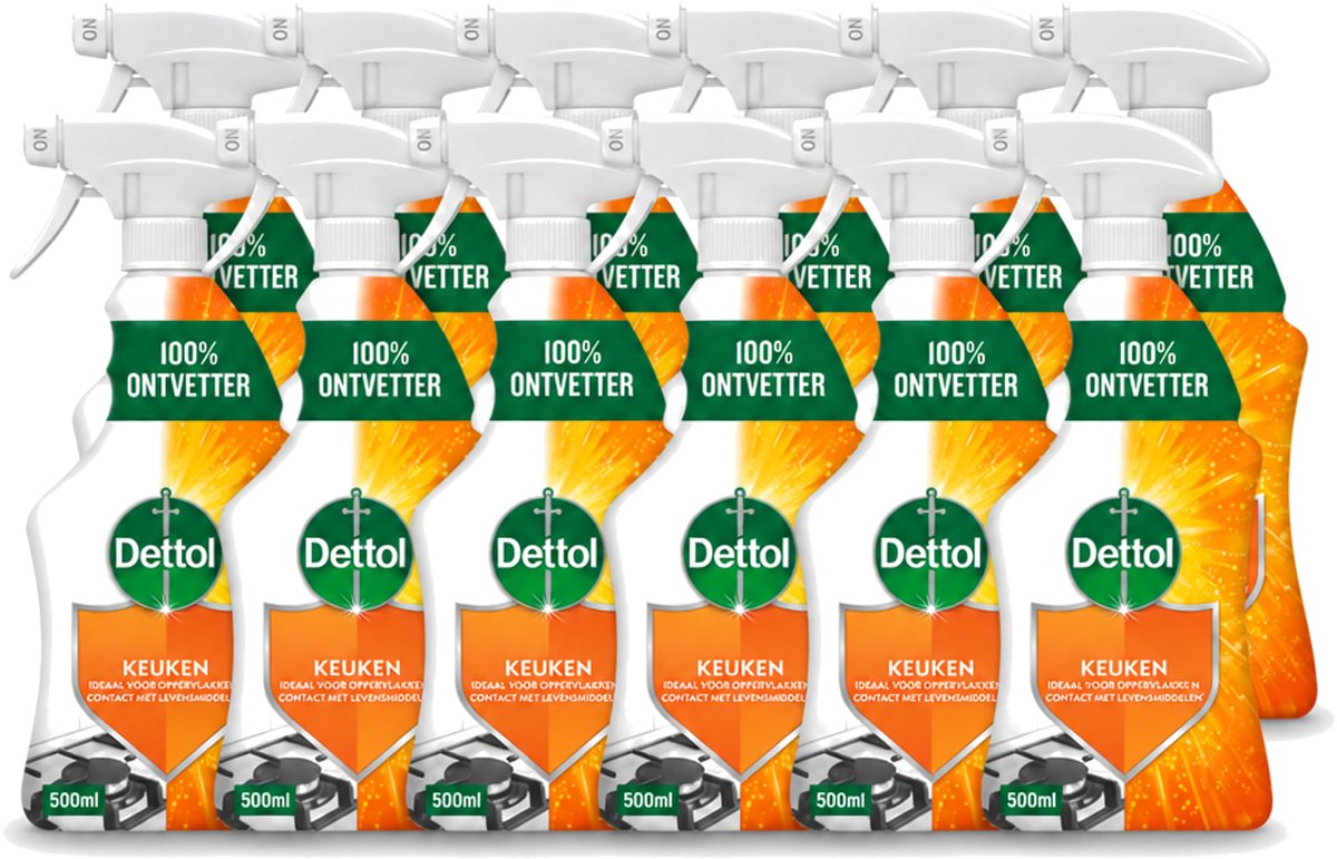 12 x Dettol - Allesreiniger - Spray - Power Keuken - 100% Ontvetter - 500ml - Voordeelverpakking - 12 stuks