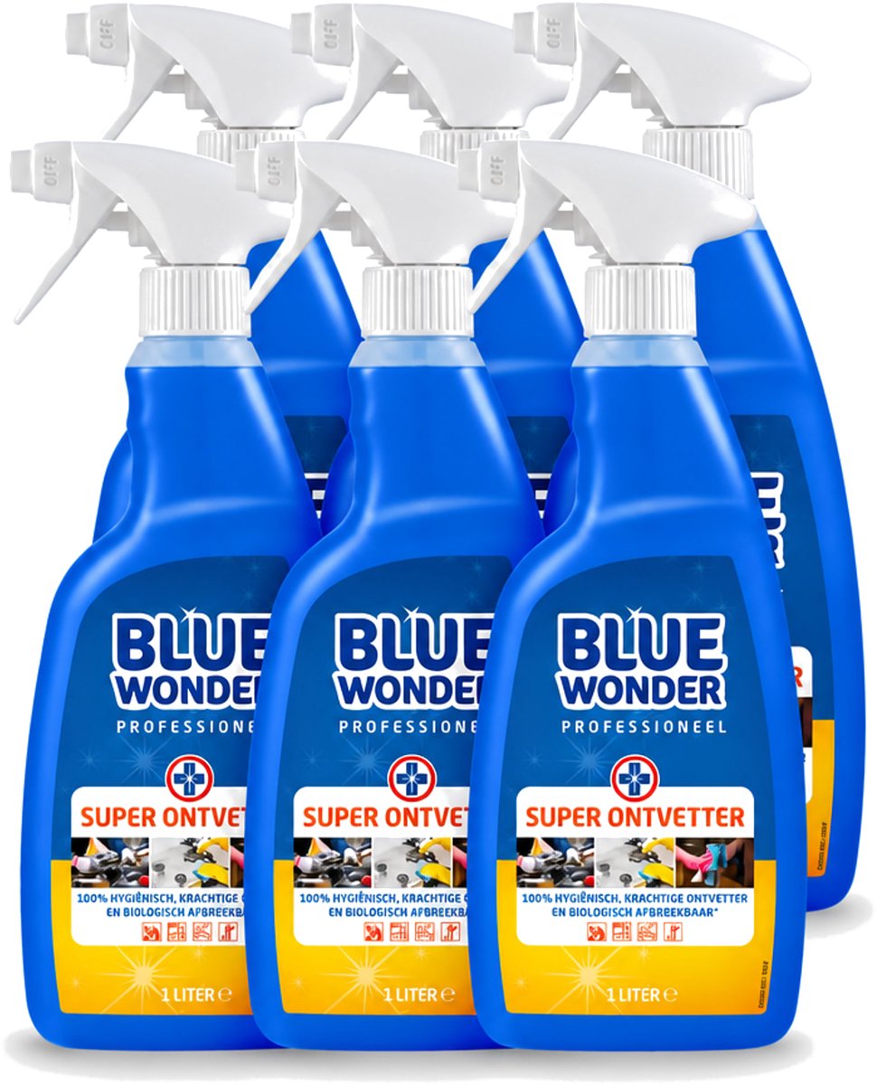 6 x Blue Wonder - Professioneel Superontvetter - Spray - Krachtige Ontvetter - 1 Liter - Voordeelverpakking - 6 stuks