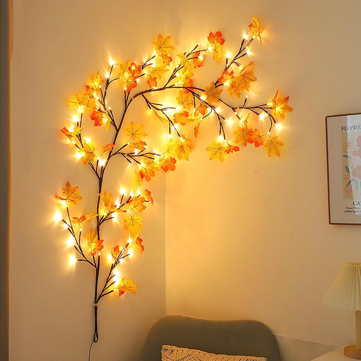 Kunstmatige esdoornblad-lichtsnoer – 144 LED's – 8 lichtstanden – Geschikt voor muren, slaapkamers en woondecoratie – 2,3 m / 144 lampjes