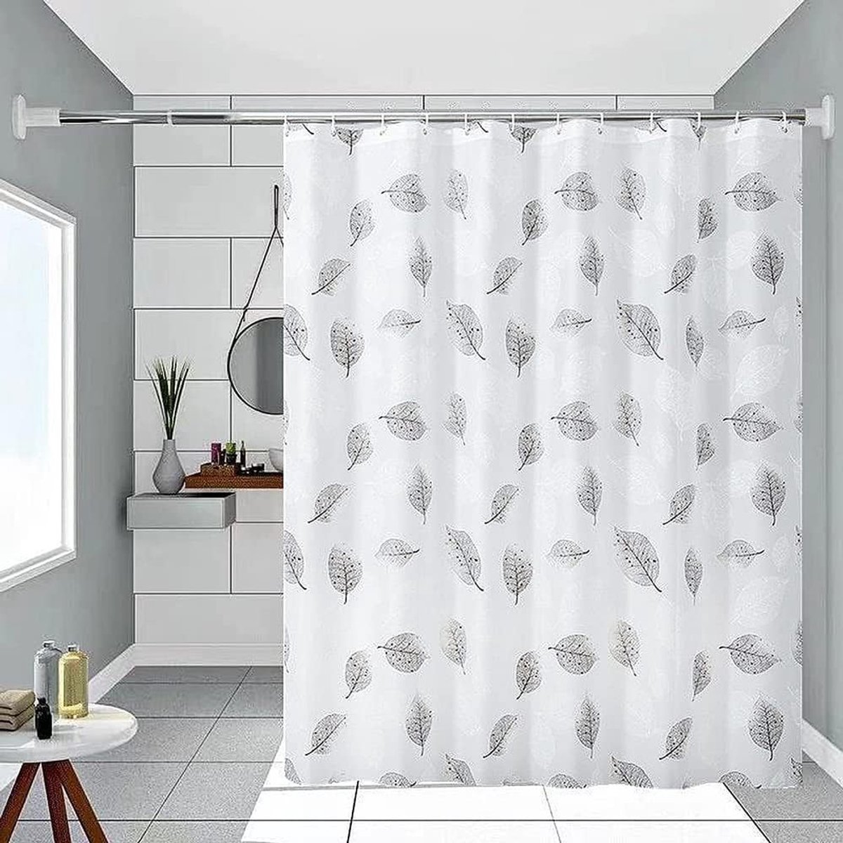 Douchescherm met Zwarte Bladeren 200 x 200 cm, Waterdicht en Sneldrogend, Geschikt voor Badkamer en Vochtige Ruimtes, Schimmelbestendig en Duurzaam