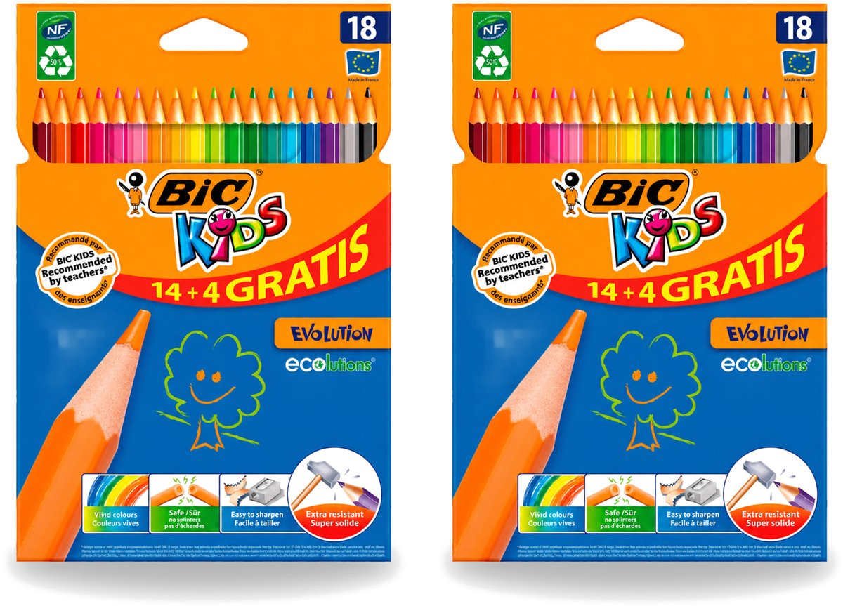 2 x Bic Kids - Kleurpotloden - Diverse Kleuren - Eco - Evolution - 18 Potloden - Voordeelverpakking - 2 stuks