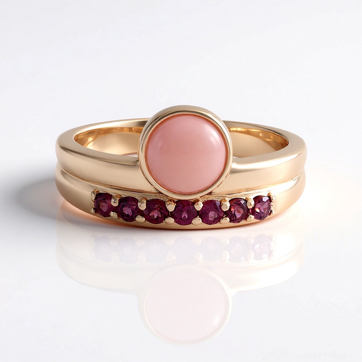 Cavill - Zilveren Ring 925 Sterling Roségoud Verguld - Roze Opaal Cabochon 0,81 ct & Rode Rhodoliet 0,315 ct - Dubbele Band Elegant