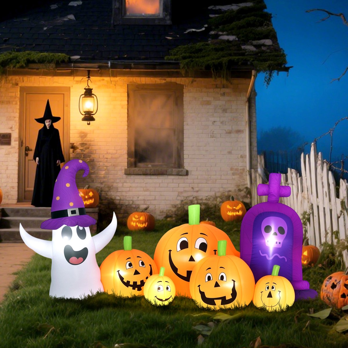 TEKROA® Opblaasbare Halloween-pompoen - met spook en grafsteen - ledverlichting (IP44) en ventilator - Halloween versiering - voor feestjes – 240 x 130 x 130 cm