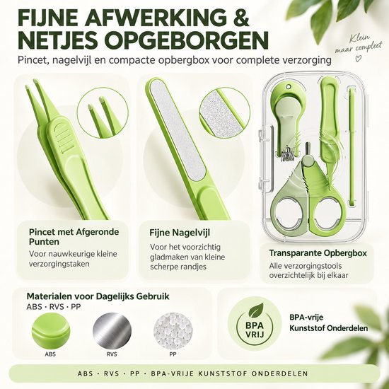 Baby Nagelverzorgingsset - 4-in-1 - Afgeronde Babyschaar - Nagelknipper, Pincet & Vijl - Opbergbox - Groen — afbeelding 4