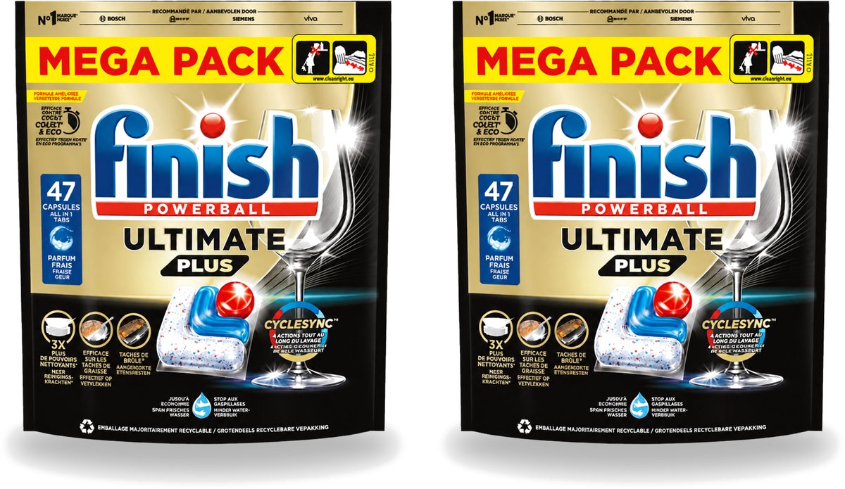 2 x Finish - Vaatwasmiddel - Ultimate Plus All in One Regular - Krachtige Alles-in-1 Reiniging - 47 capsules - Voordeelverpakking - 2 stuks