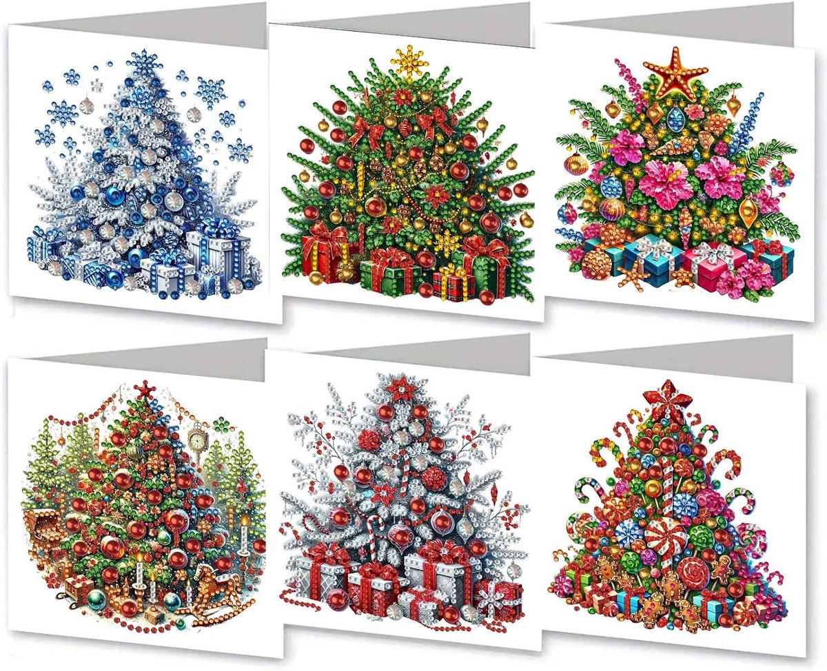 6 stuks diamond painting kerstkaarten - 15 x 15 cm - kerstkaarten met enveloppen - complete diamond painting set - kerstboom - voor kerst, verjaardagen en feestdagen