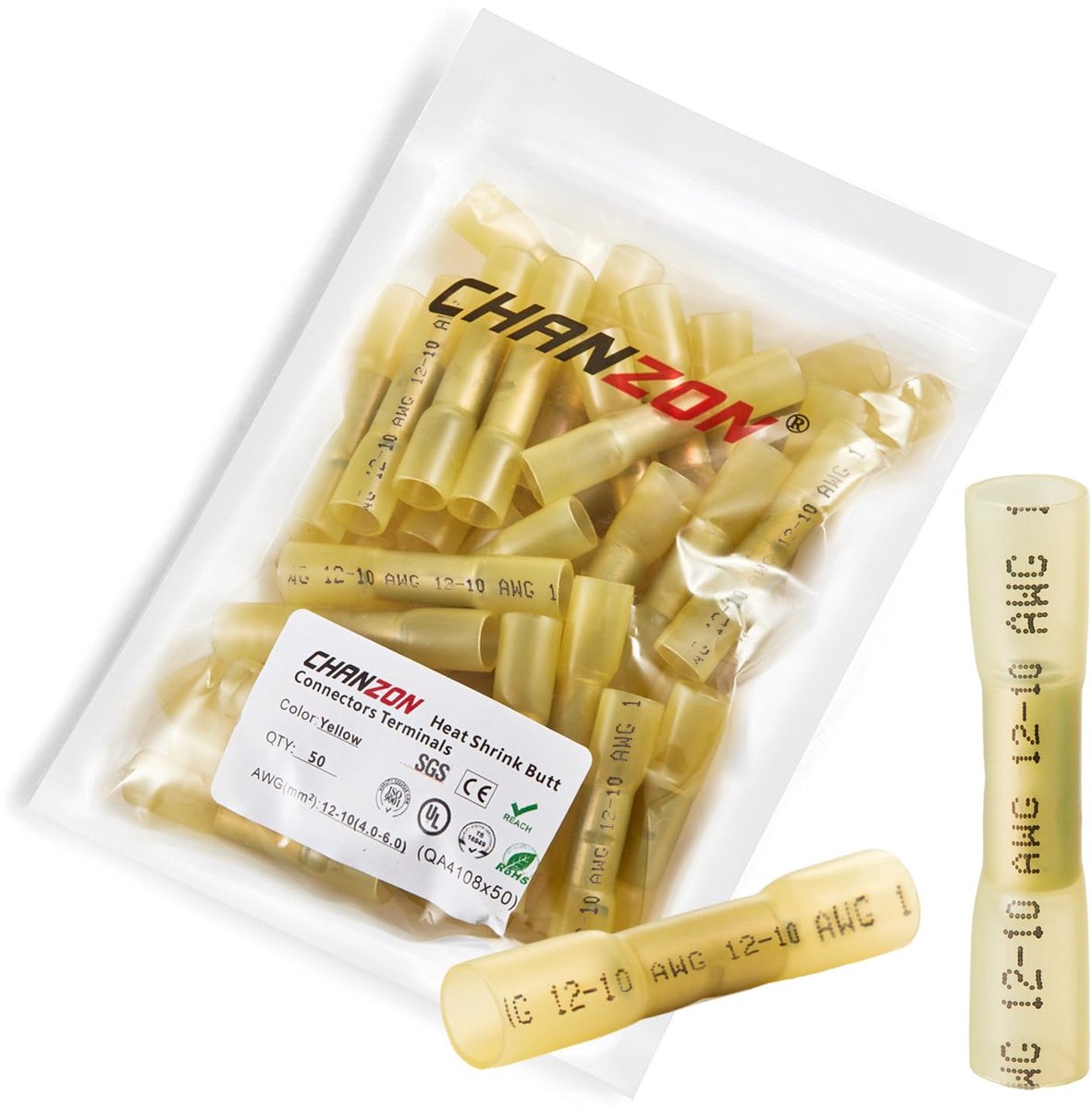 Chanzon 50 Pcs Heat Shrink Connectors Waterproof Marine Quality Ratio 3:1 Welding Seal, 12-10 AWG Gauge, Yellow, Wire - ShopVlot