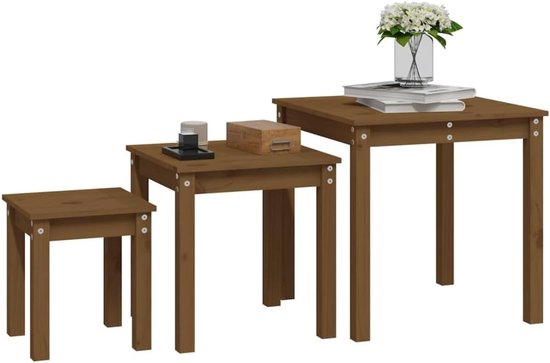 Tafels 3 STK. Honingbruin massief hout grenen - bijzettafels set voor woonkamer, multifunctionele houten tafels klein als nachtkastje, ruimtebesparend stapelbaar — afbeelding 3