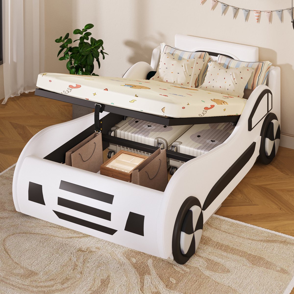 MIVRAY Kinderbed 90x200 cm - Autobed met Hydraulische Opbergruimte en Lattenbodem - Zonder Matras voor Kinderkamer - Kunstleer en MDF - Wit