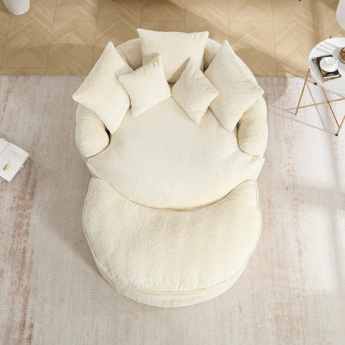 OKWISH Fauteuil 190,5 x 138 cm - Handmatig Verstelbaar Rond Ligmeubel - Voor Woonkamer en Projectieruimte - Polyester - Beige