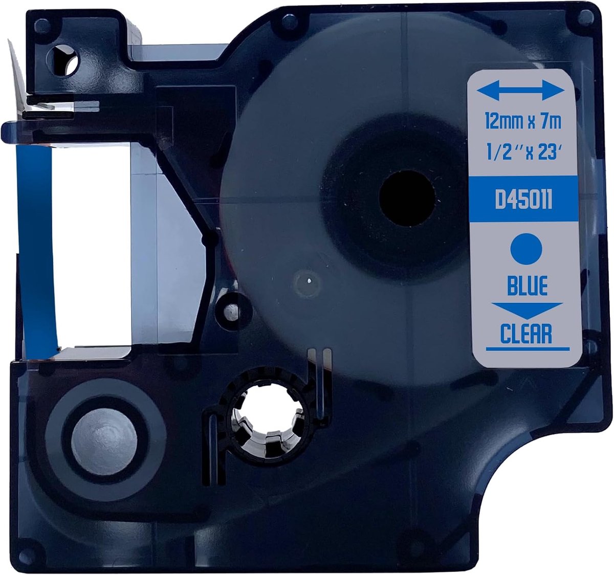 Label tape D1 45011 - 12mm x 7m - Blauw op transparant - Duurzaam en scherp - ShopVlot