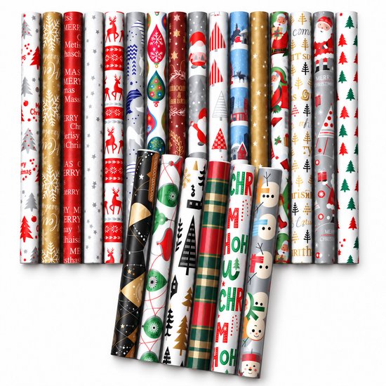 Un assortiment de 20 rouleaux de papier cadeau de Noël avec divers motifs tels que des sapins, des bonhommes de neige et le Père Noël.