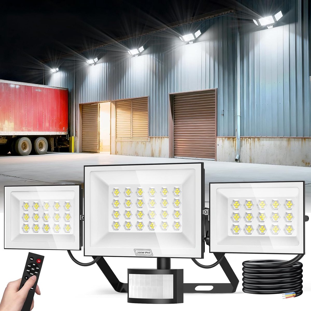 papasbox 200 W LED Spotlight with Motion Sensor and Remote Control with Timer, Dimmable Outdoor Spotlight, Cold White - ShopVlot