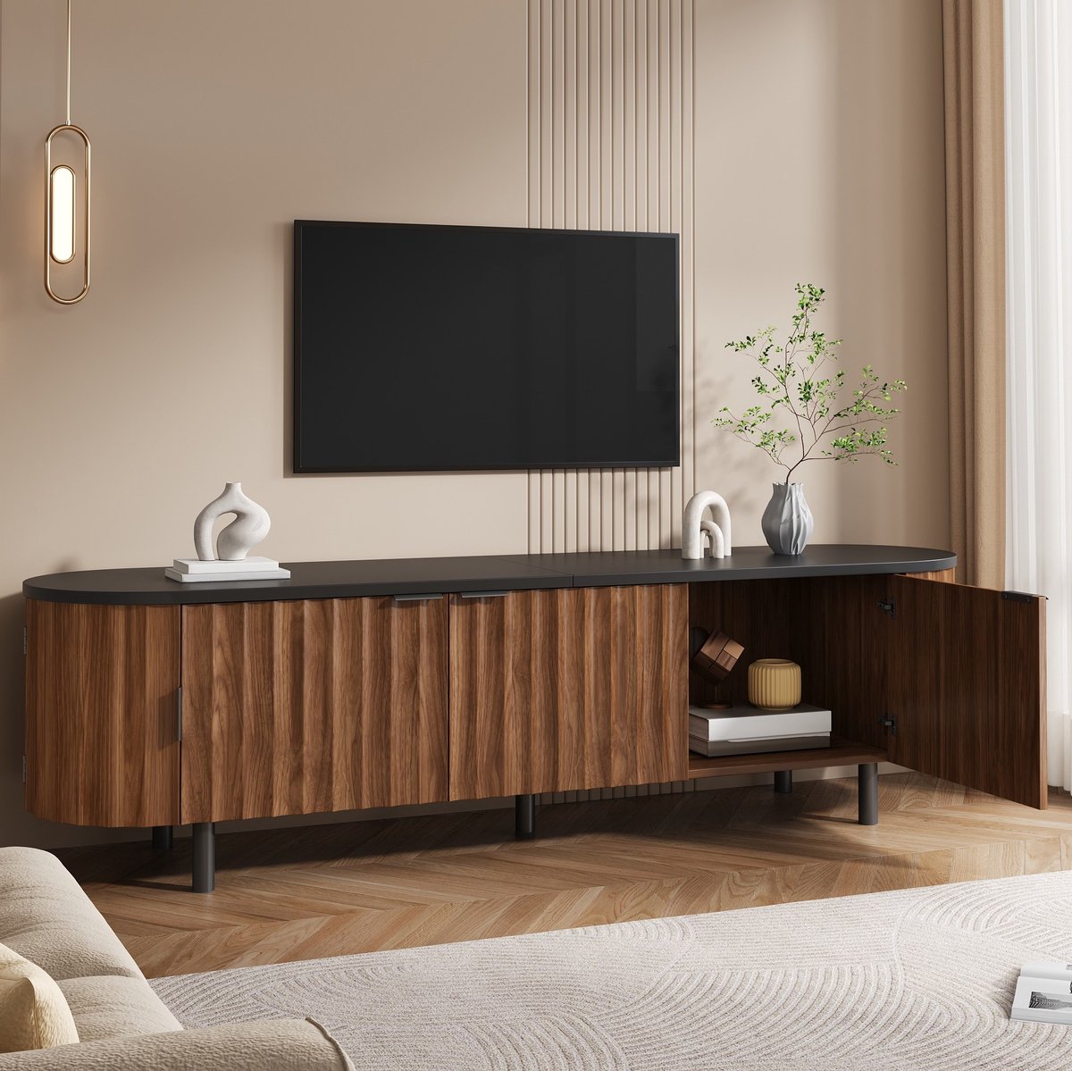 MIVRAY Tv Meubel - Vijf Deuren Met Geribbelde Fronten - Moderne Opbergruimte Voor Woonkamer - MDF - 170x40x47 Cm - Walnoot