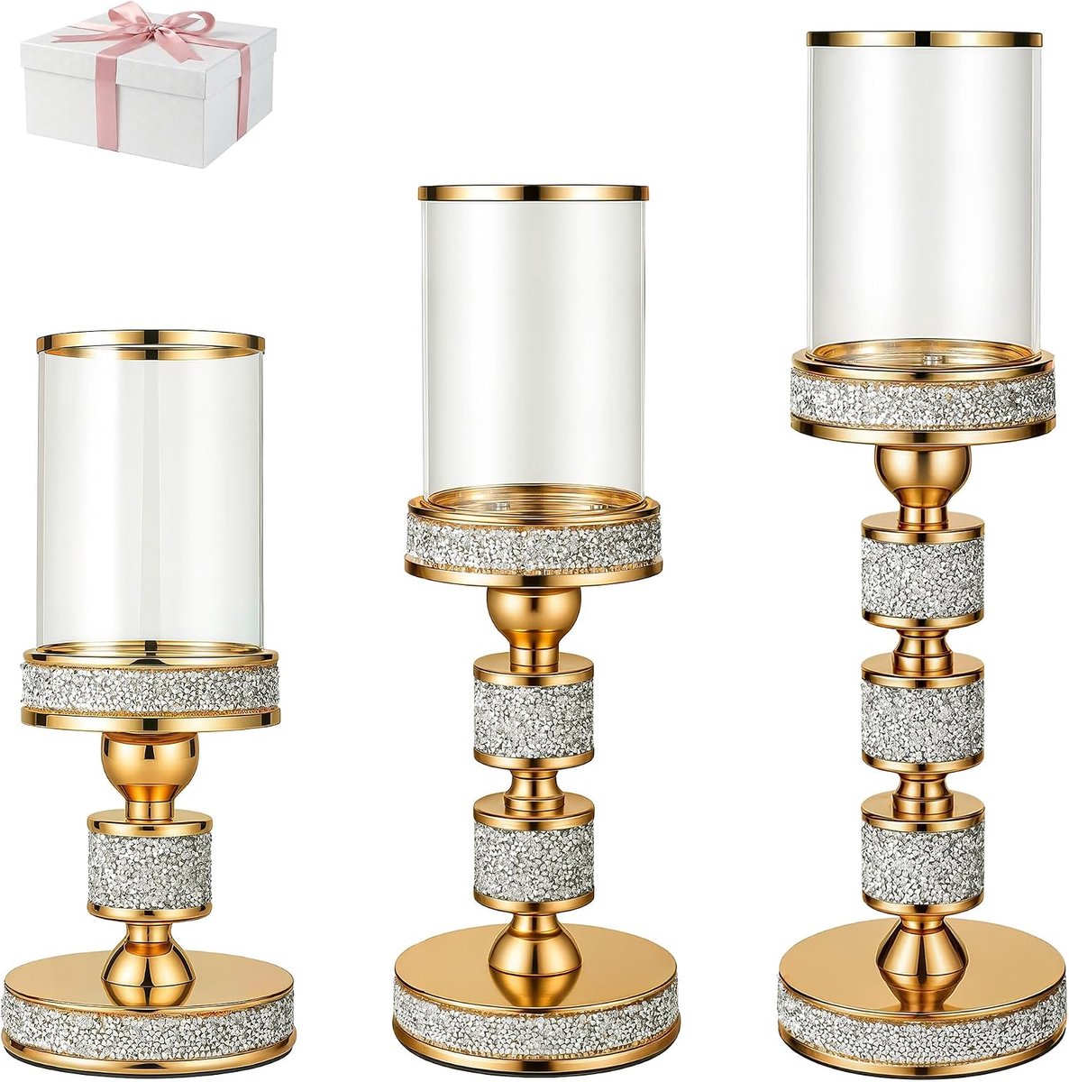 11 in / 34 cm / 40 cm Pillar Candle Holder with Windproof Glass Hurricane Holder Silver Crystal Candle Holder for - ShopVlot