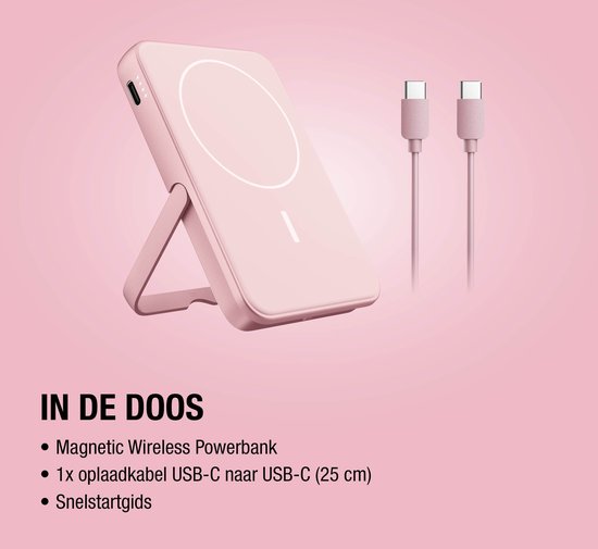 Roze powerbank met standaard en twee USB-C kabels, in de doos.