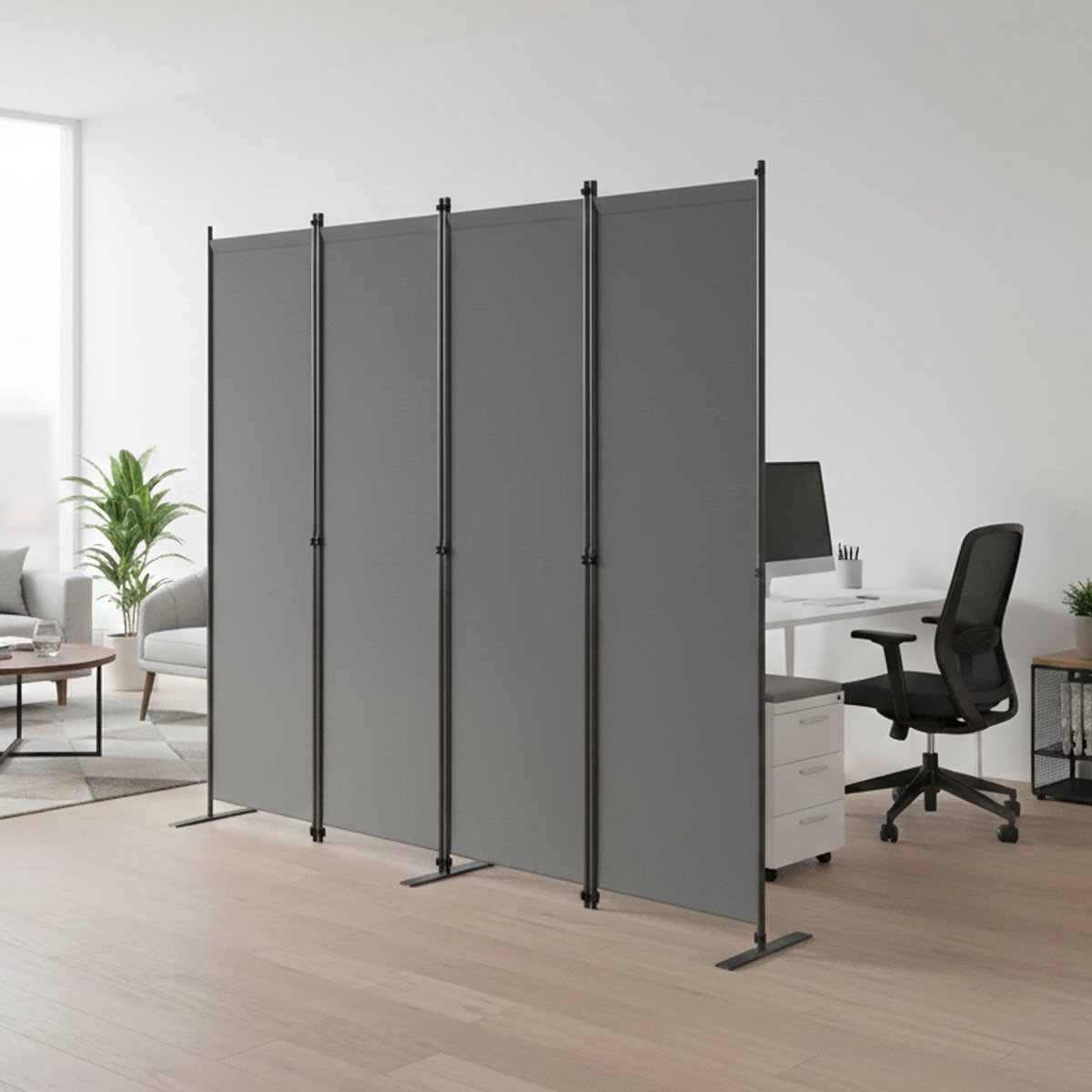 OKWISH Kamerscherm Opvouwbaar 204 x 180 cm Metaal en Polyester Donkergrijs Vrijstaand voor Binnenruimtes Vierdelig met Antislipvoeten