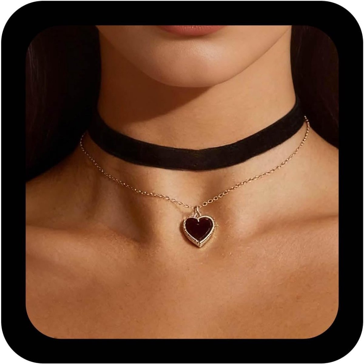 Layered Necklace with Heart Pendant Red Velvet Necklace Vintage Leather Dog Collar Red Heart Necklace Love Ladies - ShopVlot